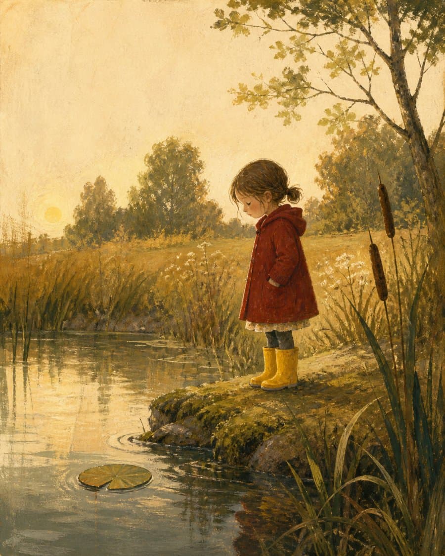 Cover art: a girl in a red coat and yellow boots at the edge of a pond