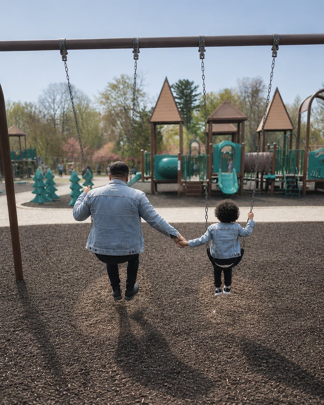 A father and his son on the swings at the playground, holding hands